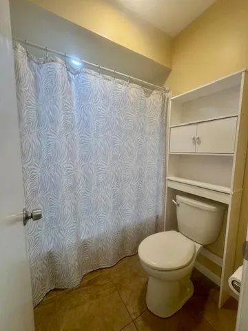 a white toilet sitting next to a shower curtain