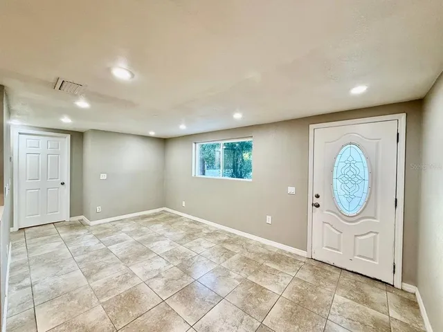 en view interior of a house with a large window