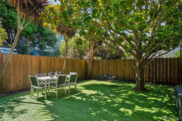 a backyard of a house with table and chairs