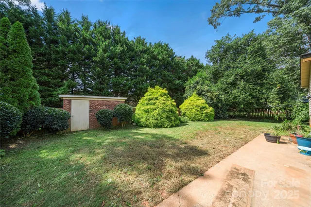a backyard of a house with plants and large trees