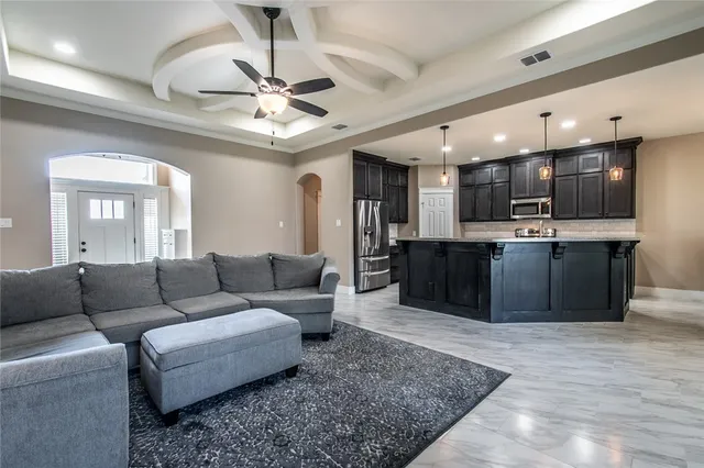 a living room with a fireplace