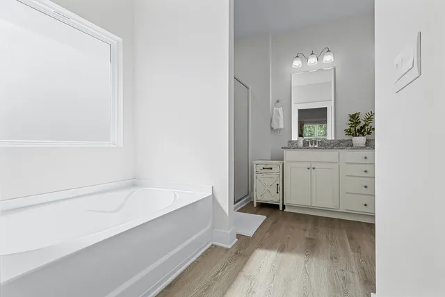 a bathroom with a tub shower and sink