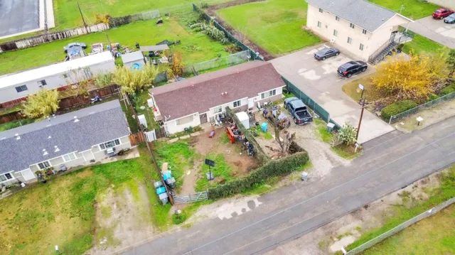 an aerial view of a swimming pool