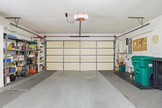 a view of a garage with storage
