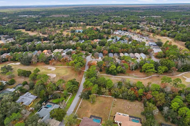 an aerial view of residential houses with outdoor space and trees