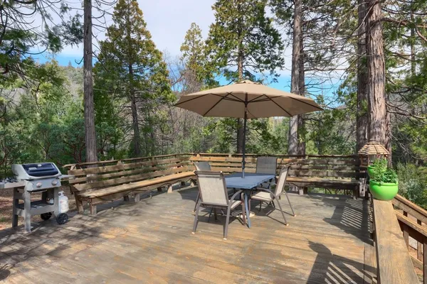 a view of backyard with seating space and trees