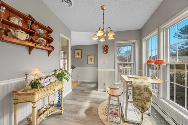 a dining room filled with furniture