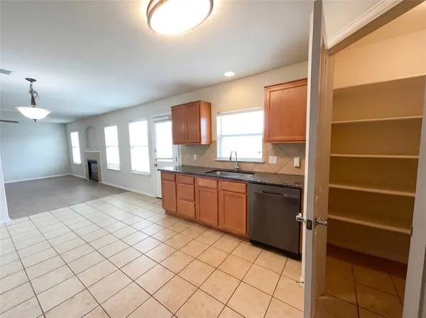 a large kitchen with a sink and cabinets