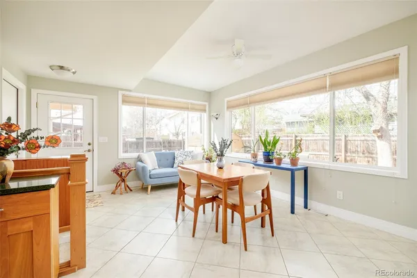 a view of a dining room with furniture window and outside view