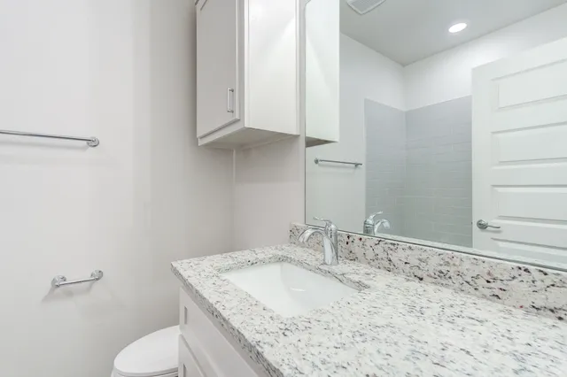 a bathroom with a granite countertop sink and a toilet