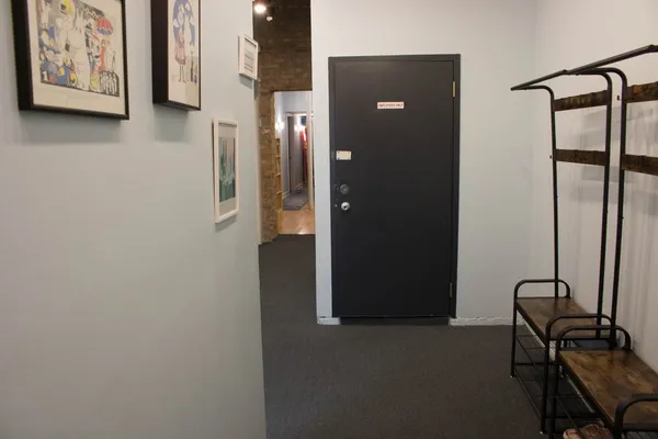 a view of a hallway with elevator