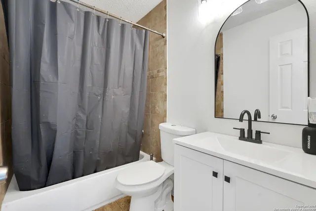 a bathroom with a sink a toilet a mirror and shower curtain