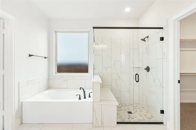 a bathroom with a bathtub and a shower