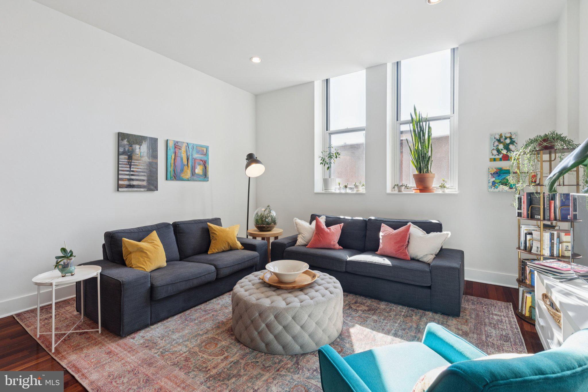 a living room with furniture and a potted plant