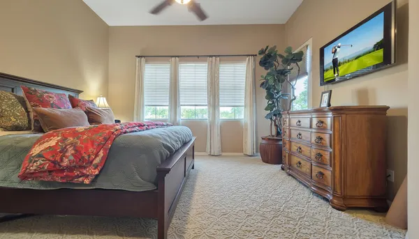 an aerial view of a house with a yard and a large tree