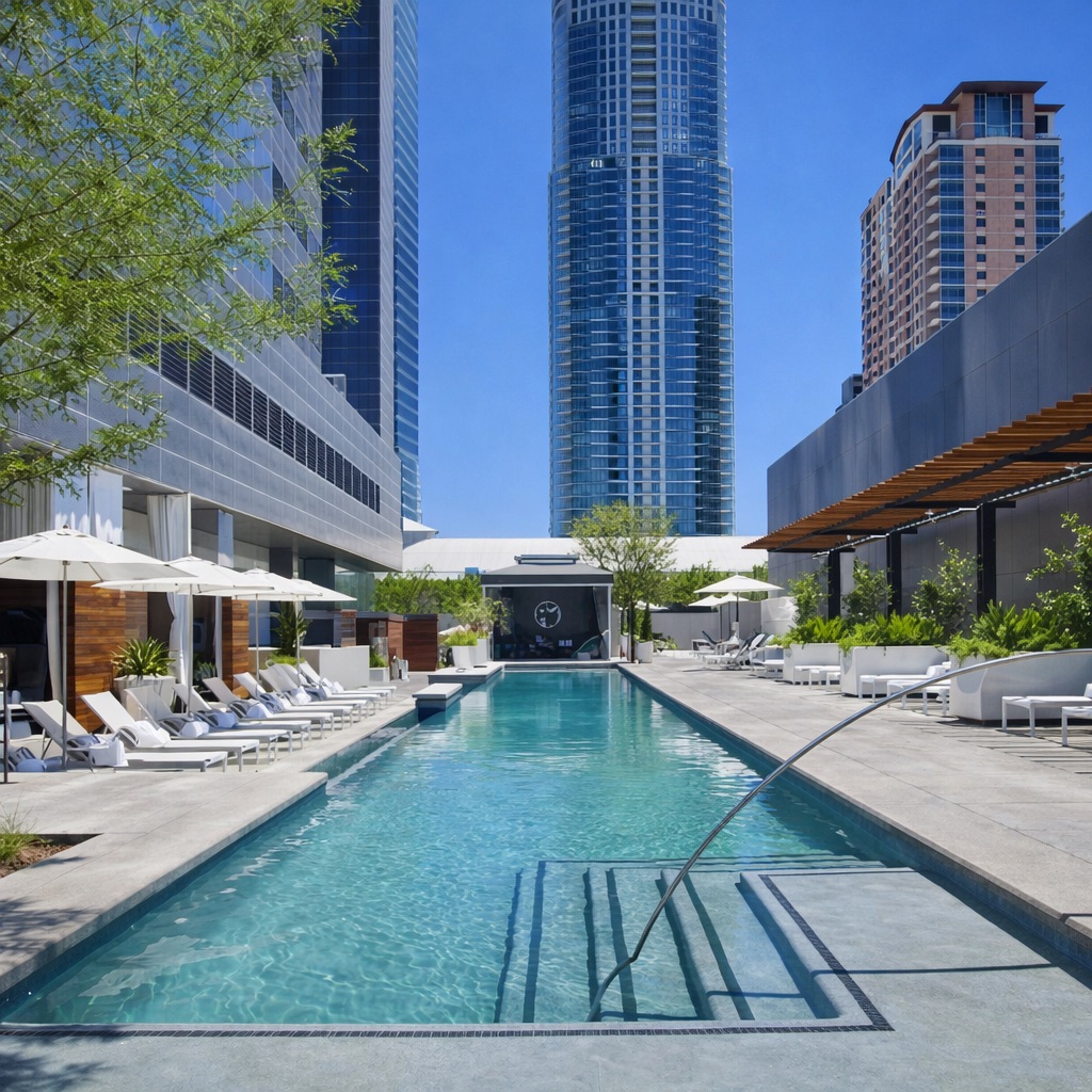 210 Lavaca Street, Unit 1912 Austin, TX 78701 - Photo 34 of 40 1 of 2 Community pools with a patio indoor & outdoor lounges
