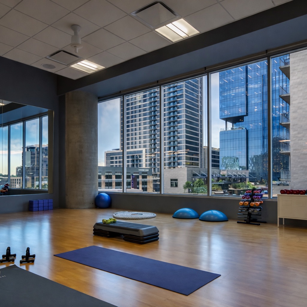 210 Lavaca Street, Unit 1912 Austin, TX 78701 - Photo 35 of 40 Gym with a city view and a drop ceiling
