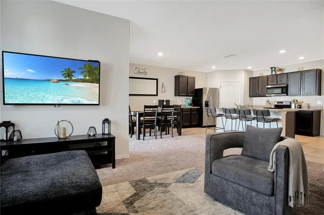 a view of a dining room with furniture