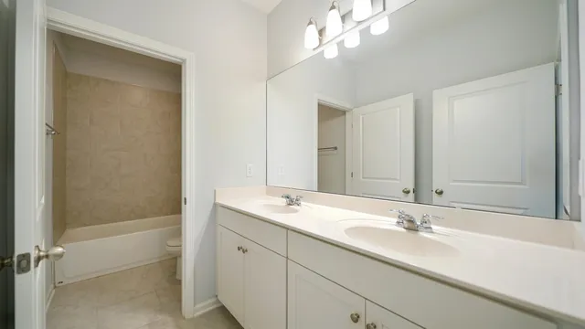 a bathroom with a sink double vanity and a mirror