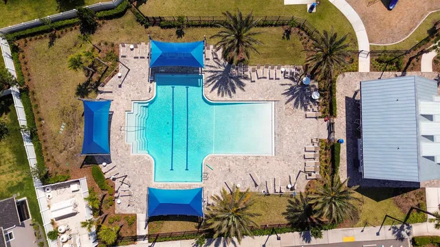 an aerial view of a swimming pool