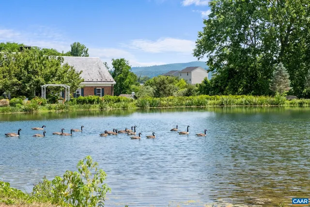 a view of a lake with houses in the back
