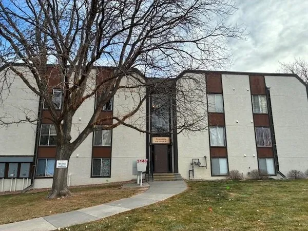 a backyard of a building with large trees