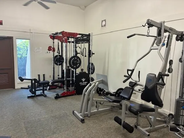 a view of a room with gym equipment