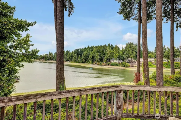 a view of a swimming pool with a lake view