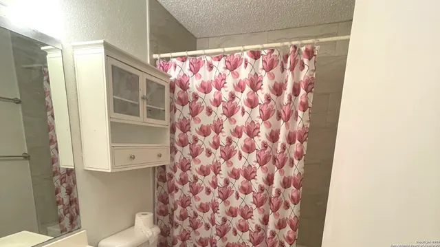 a bathroom with a shower curtain and a toilet