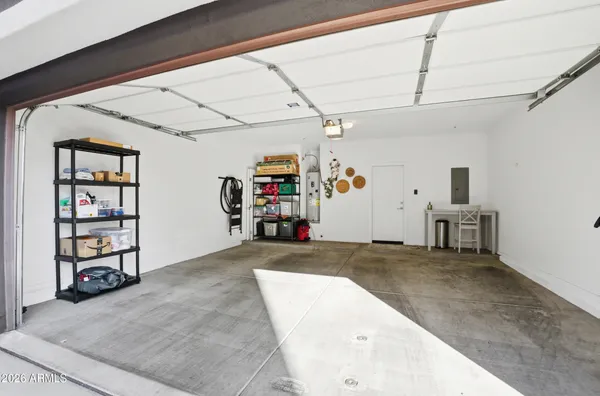 a view of a livingroom with shelves