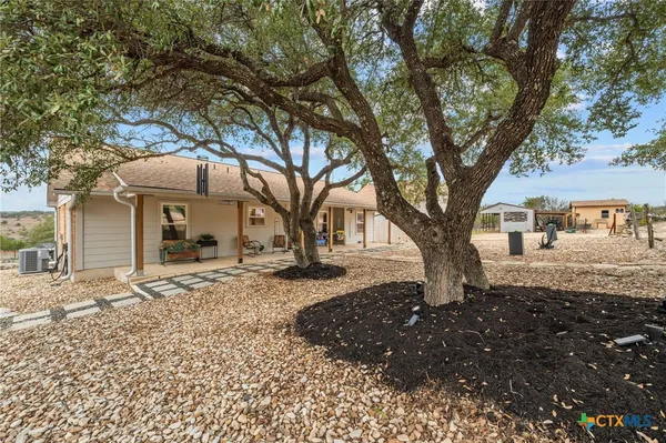 a tree in front of a white house