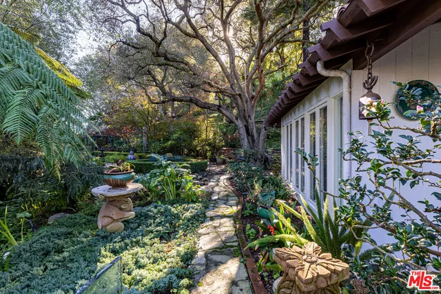 a view of a garden with flowers and trees