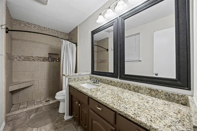 a bathroom with a granite countertop sink toilet and shower