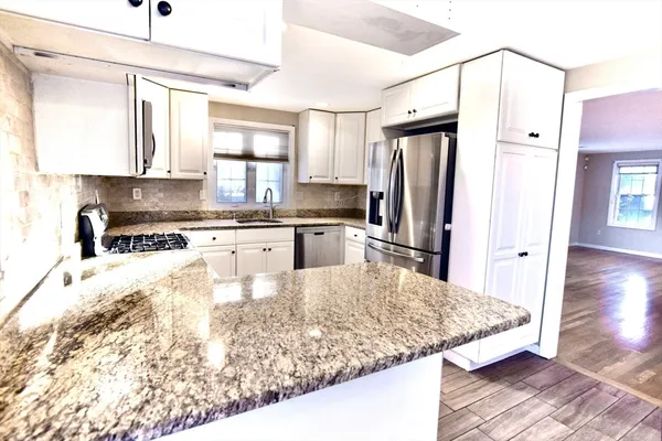 a kitchen with stainless steel appliances granite countertop a sink refrigerator and cabinets