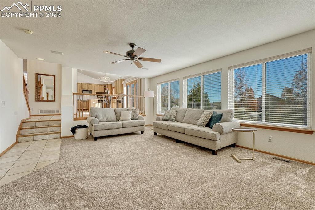 339 Sandreed Place Colorado Springs, CO 80921 - Photo 20 of 50 Living room featuring a textured ceiling, a chandelier, light carpet, vaulted ceiling, and a ceiling fan