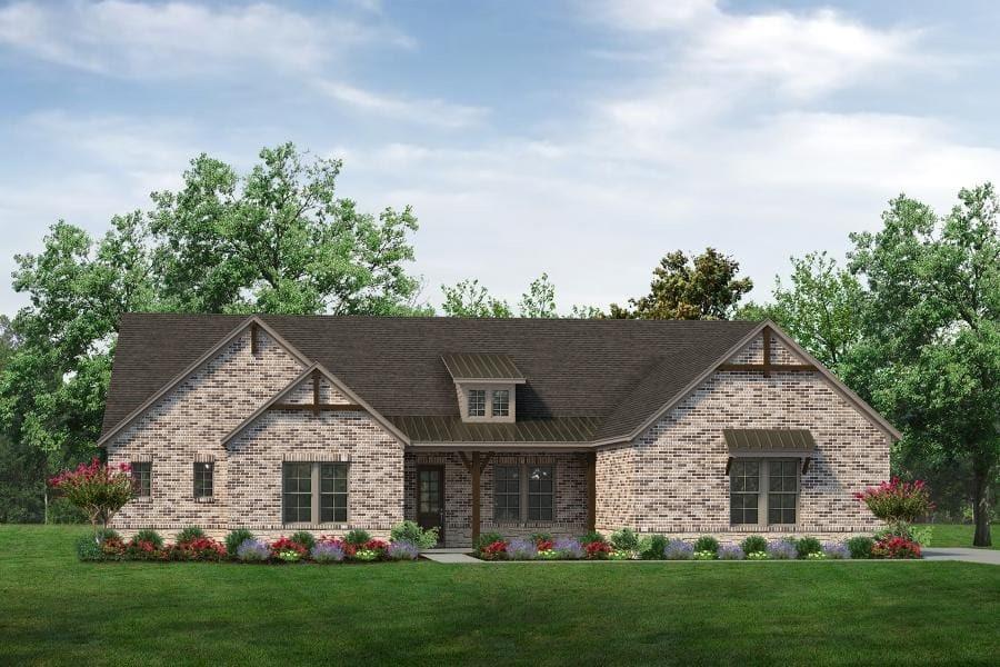 205 Cobb Road Leonard, TX 75452 - Photo 2 of 26 Brick facade residence featuring a dark shingle roof, decorative gable trusses, a covered entry with wood columns, and multiple windows with dark frames