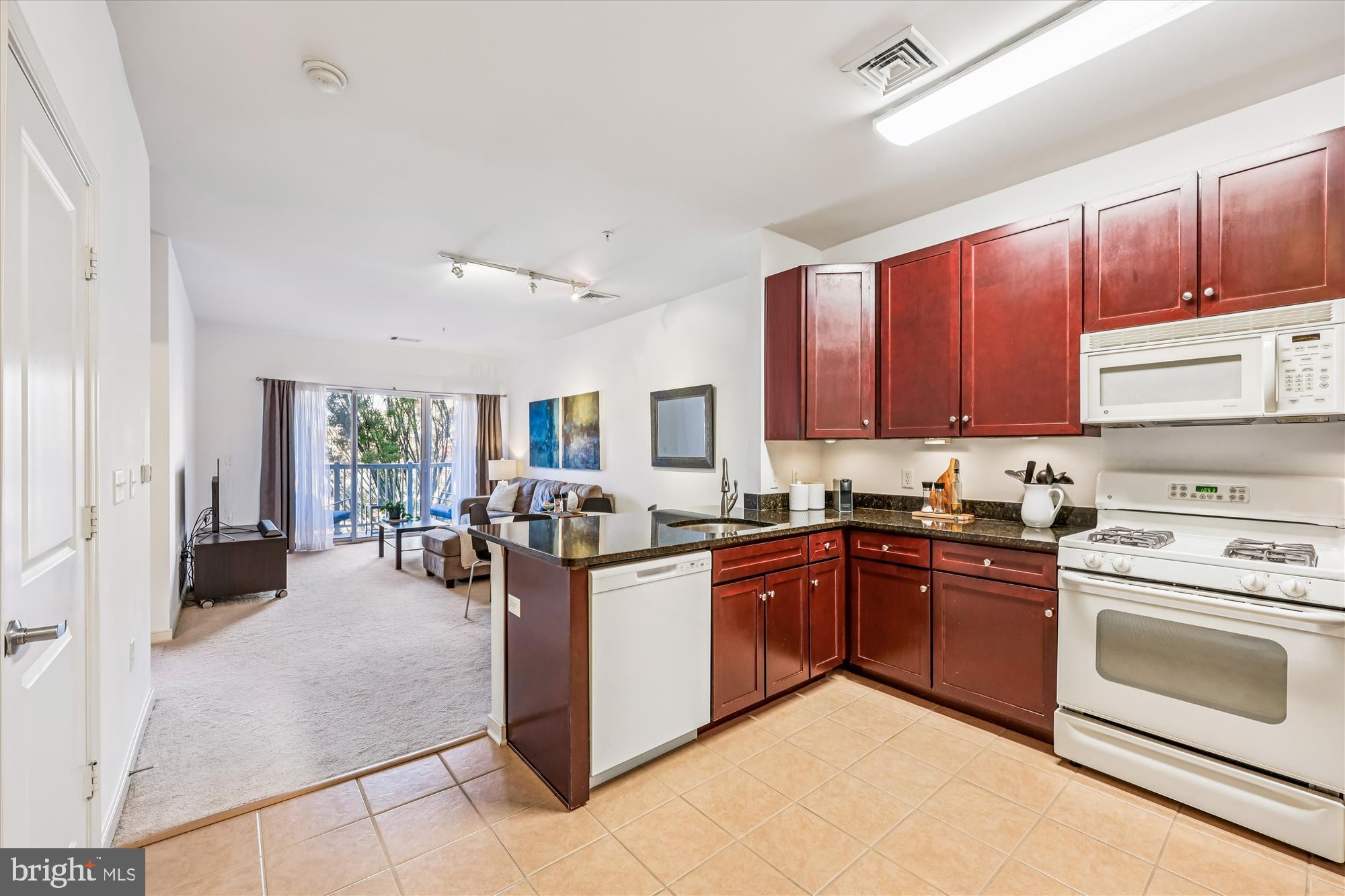 8045 Newell Street, Unit 215 Silver Spring, MD 20910 - Photo 11 of 31 a kitchen with stainless steel appliances granite countertop a stove top oven a sink dishwasher a dining table and chairs with wooden floor