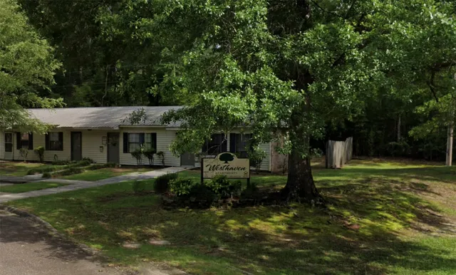 a view of backyard with table and chairs and potted plants and large trees