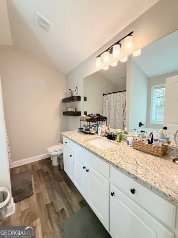 a bathroom with a granite countertop sink a toilet and a mirror