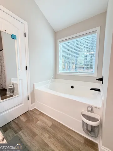 a bathroom with a bathtub and a toilet