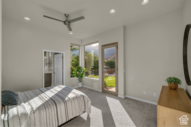 101 Chuckwalla Lane Springdale, UT 84767 - Photo 14 of 51 Carpeted bedroom with recessed lighting, access to outside, ceiling fan, and ensuite bathroom