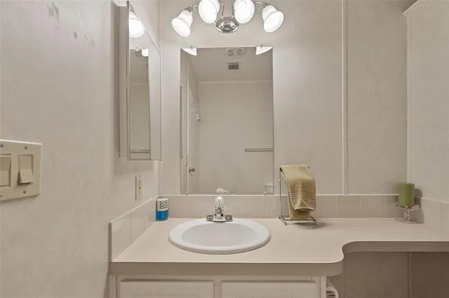 a bathroom with a sink and a mirror