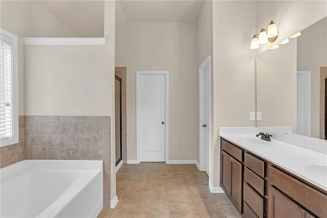 a bathroom with a tub sink and mirror