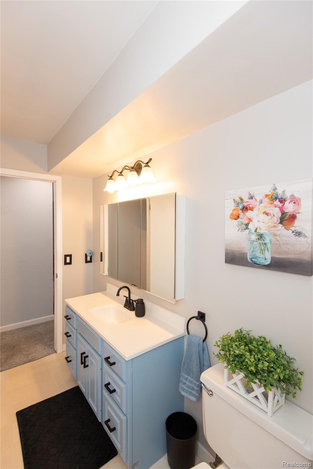 4395 Regency Road Swartz Creek, MI 48473 - Photo 41 of 67 Vanity with light blue cabinetry, white countertop, and black hardware