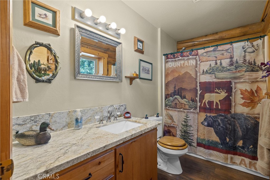 4592 Wendlis Road Forest Ranch, CA 95942 - Photo 38 of 64 a bathroom with a granite countertop sink mirror vanity and toilet