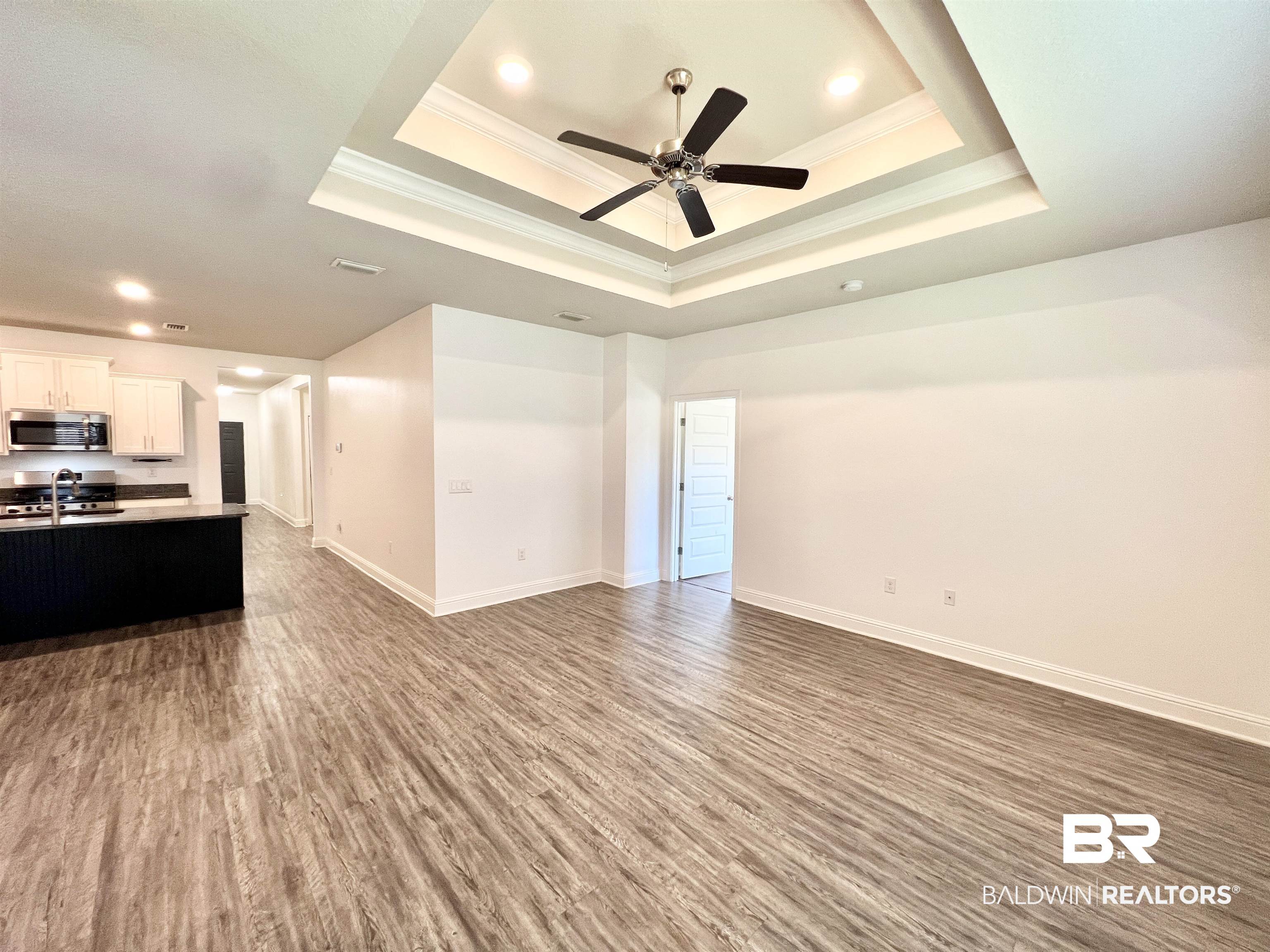 24785 Slater Mill Road Daphne, AL 36526 - Photo 12 of 46 Unfurnished living room with ornamental molding, sink, a raised ceiling, and dark hardwood / wood-style flooring
