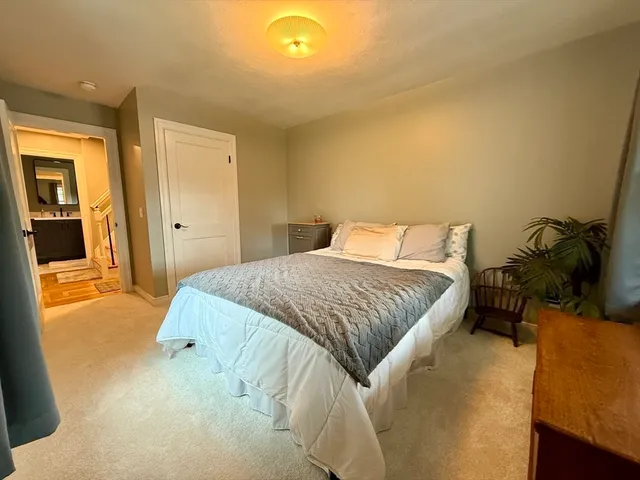 a bedroom with a bed and cabinets