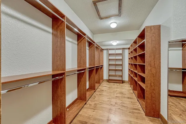 a view of walk in closet with empty racks
