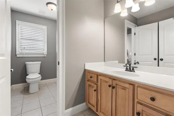 a bathroom with a sink a toilet and a mirror