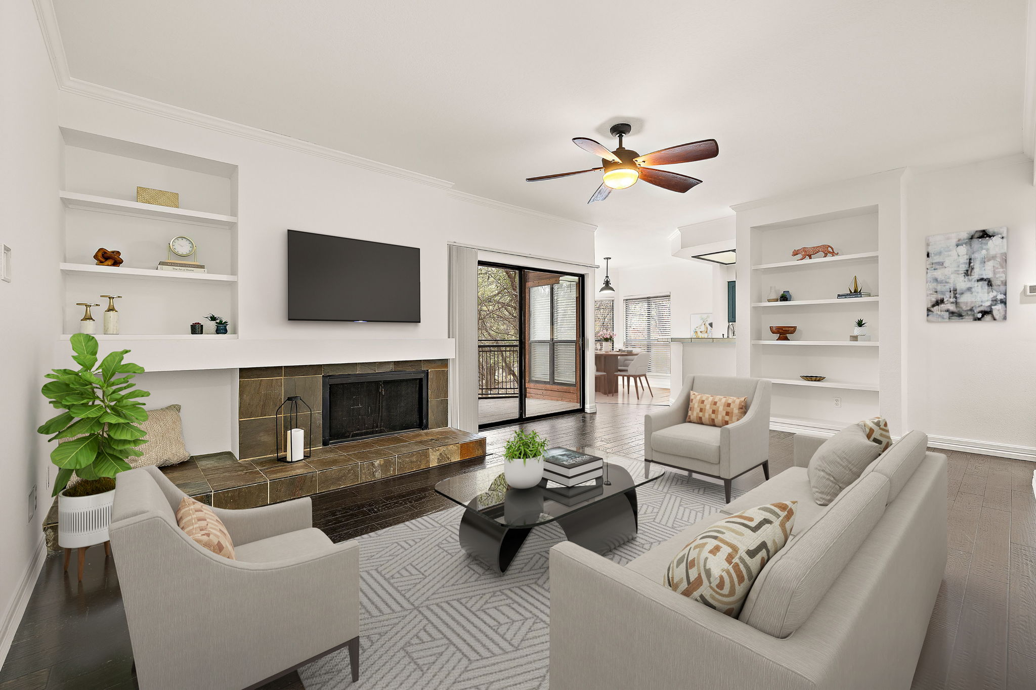 a living room with furniture fireplace and a flat screen tv